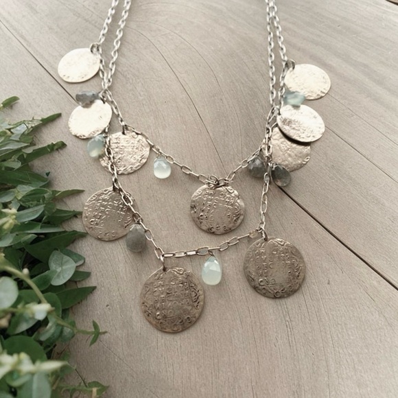 925 Sterling Silver Jewelry - Silver Coin Charm Layered Necklace with Pale Blue and Gray crystal Accents